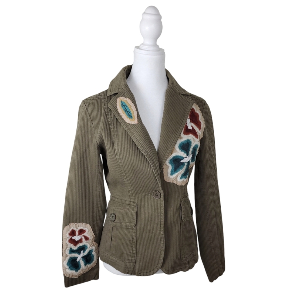 AZIZ Anthropologie Size Small Embroidered Flower Ribbed Jacket Blazer/ Green